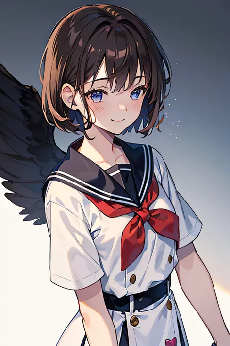 brown-haired girl, short hair, ((reclusive)), magical girl, pre-cure, (((white background))), one girl, 16 years old, mature, healing, student, recovery, quiet, smiling, small breasts, sailor suit