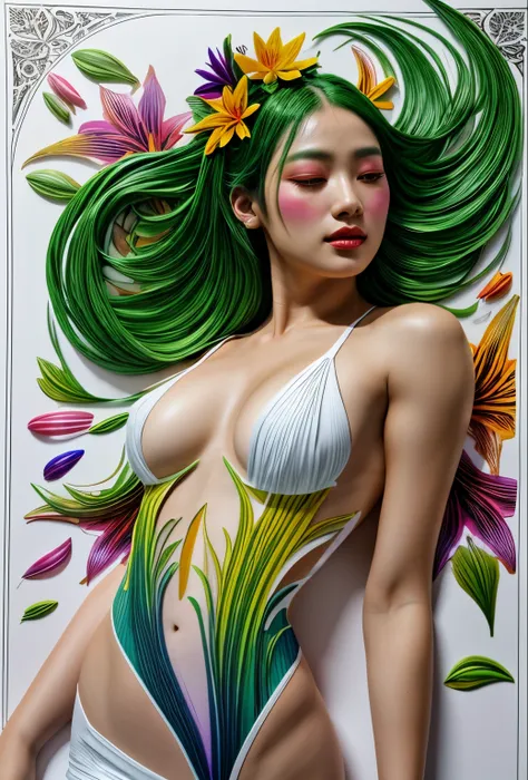 double contact，An explosion of rainbow-colored translucent lilies，realistic female body，Rendered by Octane，unreal-engine，Rococo paper cutting，green and white watercolor，