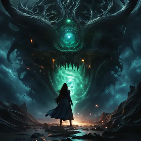 (highest quality,4K,8k,High resolution,masterpiece:1.2),Very detailed,(Realistic,photoRealistic,photo-Realistic:1.37),A giant demon with three faces from another dimension summoned from a magic circle., Space horror, A deformed head with tentacles and twis...