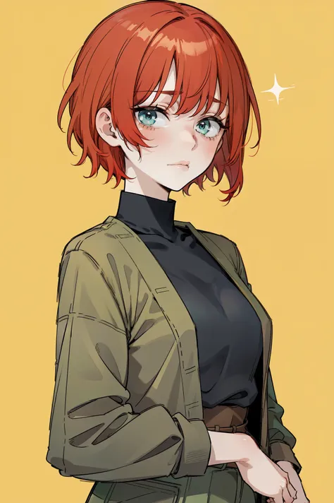 young woman, red hair, short hair, green clothes, clothes with brown elements