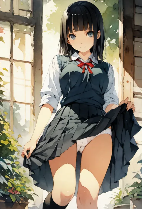 (masterpiece:1.3), (best quality:1.2), (illustration:1.2), (ultra detailed:1.2), (pixiv:1.4),
ultra high res, watercolor, a girl with brown long  and blunt bangs hair, garden,skirt lift,white panties,upper body,, incredibly absurdres, huge filesize, ultra-...