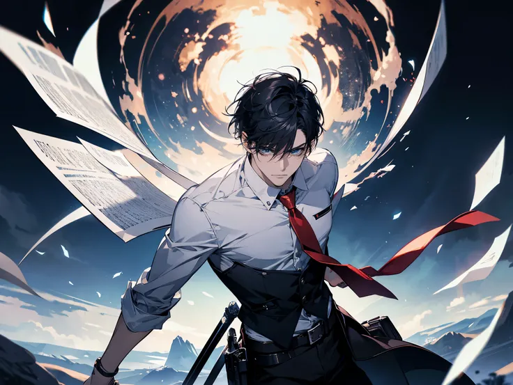 1 male,, 26 year old, masculine, short black hair, Attractive, red tie, White shirt, Rolled up sleeves, Black belt, Black pants, Beautiful blue eyes、beautiful hair、no expression, holding a sky blue sword, black hilt, Trending on ArtStation, 8K resolution, ...