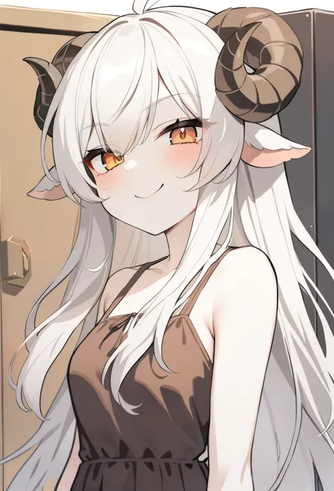 1girl, solo, score_9_up, Monstergirl Encyclopedia, sheep horns, curled horns, sheep ears, white hair, long hair, messy hair, long bangs, pale skin, orange eyes, smile, smug, stoic, small breasts, standing, (dark brown dress, sundress), white background, si...