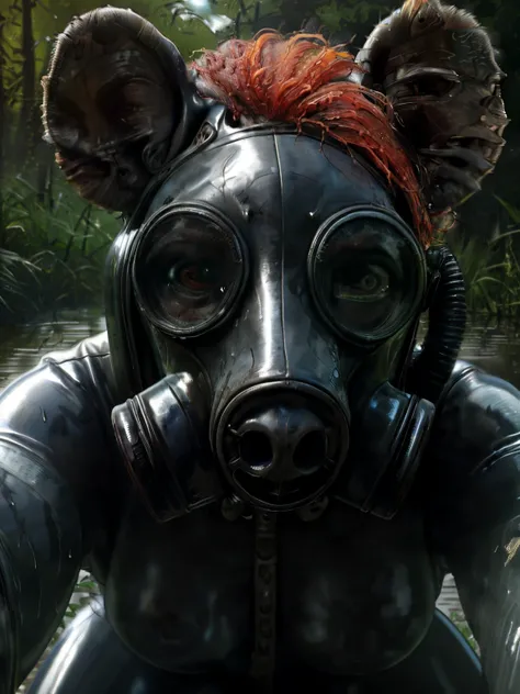 sweat drops, photography, (cool posing:1.1025), hyena, ultra realism shading, sweaty, red hair and eyes, photorealistic, (black latex suit), gas mask, suggestive, (rembrandt:1.1025), huge breasts, (sweaty:1.7), biceps, in love gas mask covers face so that ...