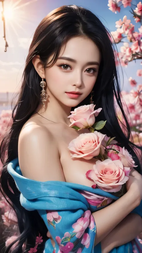 stunning beauty, Aesthetic, Oil painting style, thick coating, Women with incomparable style, Exquisite facial makeup, Black hair, long hair and waist, long eyelashes, Dark brown pupil eyes, exquisite nose, Lip balm, Inseparable strands, Beautiful posture,...