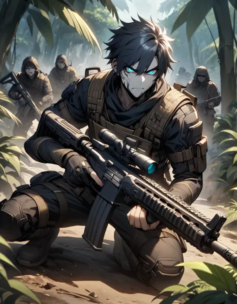 masterpiece, best quality, 1boy, male focus, solo, solo focus, black hair, aquamarine eyes, monkey human hybrid, mercenary, (holding an assault rifle), crouching position, jungle backdrop, war zone, serious, grim face, danger atmosphere.