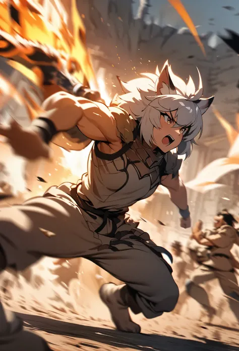 top quality, high-quality illustrations((masterpiece))depth of field, motion blur, absurdres, Perfect Anatomy, magnificent picture of kemono fighting fierce battles, kemono, 1boy, solo focus, Anthro((dramatic))epic, weapon, dynamic pose, One scene of movie...