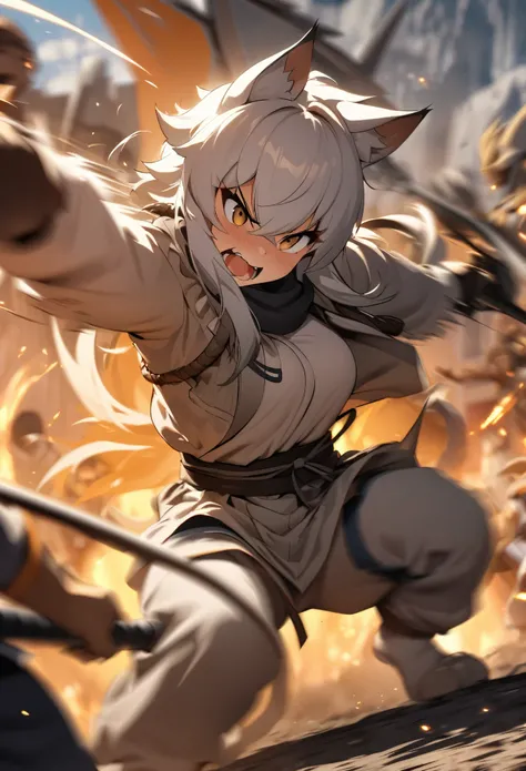 top quality, high-quality illustrations((masterpiece))depth of field, motion blur, absurdres, Perfect Anatomy, magnificent picture of kemono fighting fierce battles, kemono, 1boy, solo focus, Anthro((dramatic))epic, weapon, dynamic pose, One scene of movie...