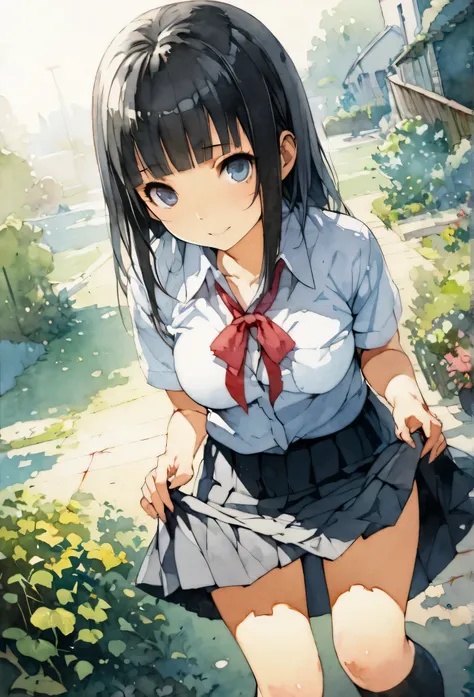 (masterpiece:1.3), (best quality:1.2), (illustration:1.2), (ultra detailed:1.2), (pixiv:1.4),
ultra high res, watercolor, a girl with brown long  and blunt bangs hair, garden,skirt lift,white panties,upper body,, incredibly absurdres, huge filesize, ultra-...