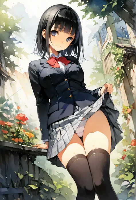 (masterpiece:1.3), (best quality:1.2), (illustration:1.2), (ultra detailed:1.2), (pixiv:1.4),
ultra high res, watercolor, a girl with brown long  and blunt bangs hair, garden,skirt lift,white panties,upper body,, incredibly absurdres, huge filesize, ultra-...