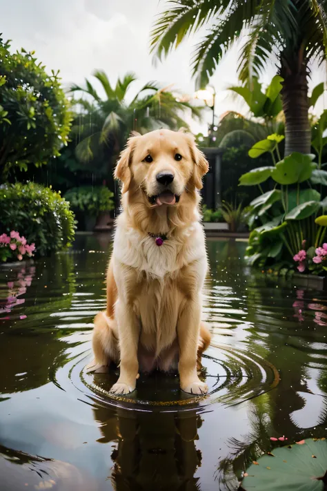 (best quality, realistic, highres, detailed), golden retriever, anatomically correct, adorable, in the water, lotus pose, reflection, raining, blurred background, full body, vivid colors.