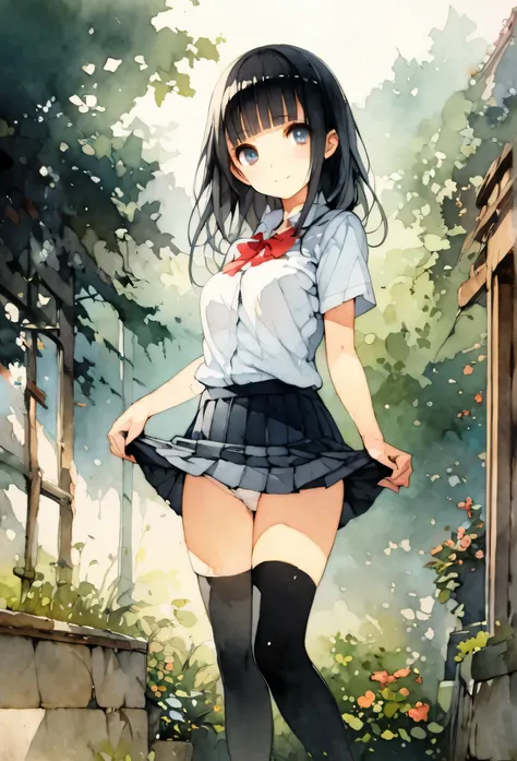 (masterpiece:1.3), (best quality:1.2), (illustration:1.2), (ultra detailed:1.2), (pixiv:1.4),
ultra high res, watercolor, a girl with brown long  and blunt bangs hair, garden,skirt lift,white panties,upper body,, incredibly absurdres, huge filesize, ultra-...