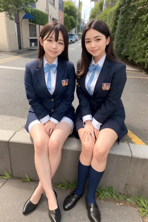 Girl and girl, ((uniform)), light smile, sitting, outdoors,