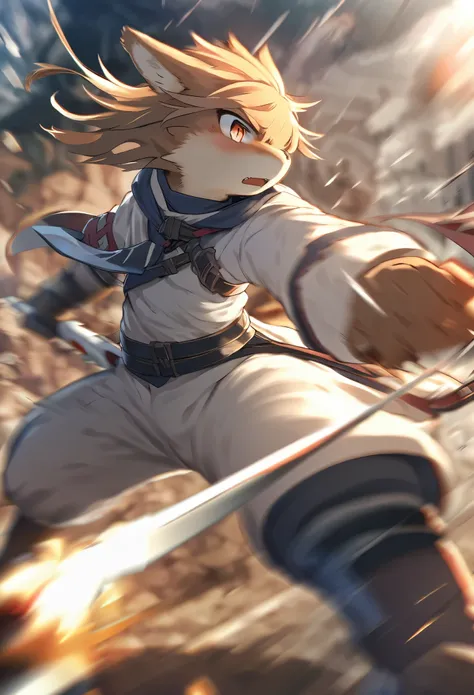 top quality, high-quality illustrations((masterpiece))depth of field, motion blur, absurdres, Perfect Anatomy, magnificent picture of kemono fighting fierce battles, kemono, 1boy, solo focus, Anthro((dramatic))epic, weapon, dynamic pose, One scene of movie...