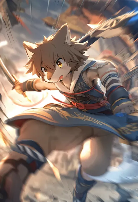 top quality, high-quality illustrations((masterpiece))depth of field, motion blur, absurdres, Perfect Anatomy, magnificent picture of kemono fighting fierce battles, kemono, 1boy, solo focus, Anthro((dramatic))epic, weapon, dynamic pose, One scene of movie...