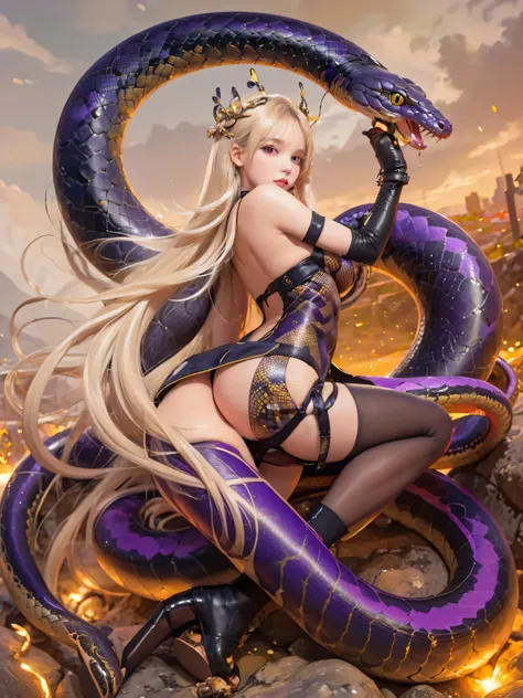 Blonde woman in black and purple clothes sitting on rock with snake, extremely detailed Type Germ, Carol Buck Wood, wlop and Type Germ, Yoshitaka Amano Carol Buck, dark Snake King, Snake King, style Type Germ, Most models | Type Germ, Type Germ on artstati...