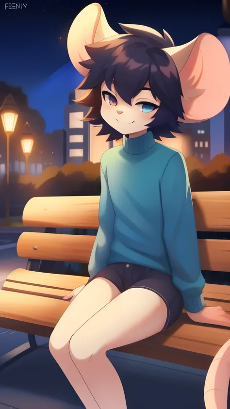 Best quality, super detailed illustration, warm colors, Ideal lighting, (fluffy mouse boy:1.4), white fur, feminine face and body, disheveled thick hair, short shorts, blue long-sleeve sweater, sitting on a bench in the park by the light of a lamppost, at ...