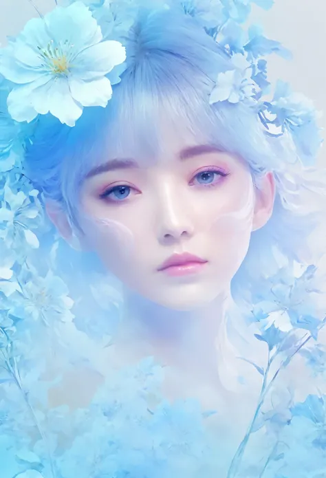 Anime style，Woman and flowers photography，Delicate face，abstract，Background solid color，Light blue gradient，Low saturation，Characters are transparent，HD，Creative photography，Aesthetic enhancement