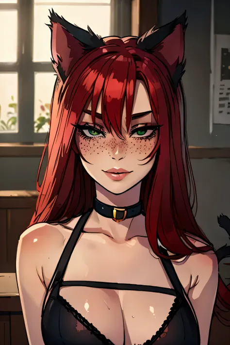 Masterpiece, best quality, portrait, red ears, red, cat girl, pale skin, red curly hair and red cat ears, finger on lips, lingerie, dark green eyes, doesnt wear makeup, red cat ears, bubbly attitude, happy eyes, cute and seductive, freckles, beautiful, gir...