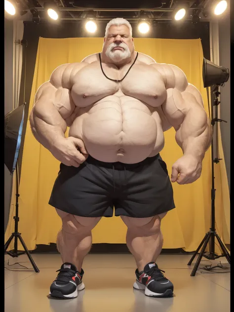 vector, mwvector, (best quality,4k,8k,highres,masterpiece:1.2),ultra-detailed,(realistic,photorealistic,photo-realistic:1.37),((massive muscular)) ((huge Muscular)) chubby old man standing in photo studio, simple background, , shorts and shoes, white hair,...