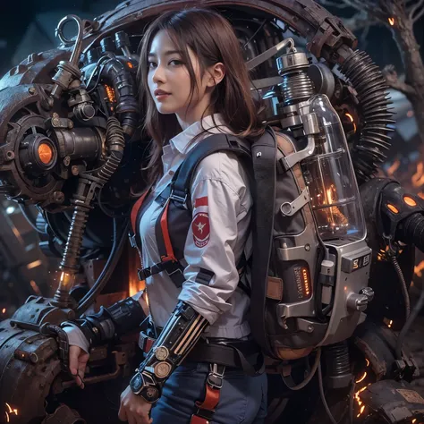 Mechanical backpack, demons, reinforced exoskeleton with insect references, heavy equipment, Japanese woman, very beautiful face, smiling face, full body shot, photorealistic, photorealistic, ultra realistic, ultra detailed, ultimate intricate details, lig...