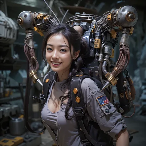 Mechanical backpack, demons, reinforced exoskeleton with insect references, heavy equipment, Japanese woman, very beautiful face, smiling face, full body shot, photorealistic, photorealistic, ultra realistic, ultra detailed, ultimate intricate details, lig...