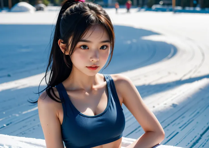 A beautiful girl wearing a sports bra on the ski resort