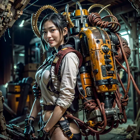 Mechanical backpack, demons, reinforced exoskeleton with insect references, heavy equipment, Japanese woman, very beautiful face, smiling face, full body shot, photorealistic, photorealistic, ultra realistic, ultra detailed, ultimate intricate details, lig...