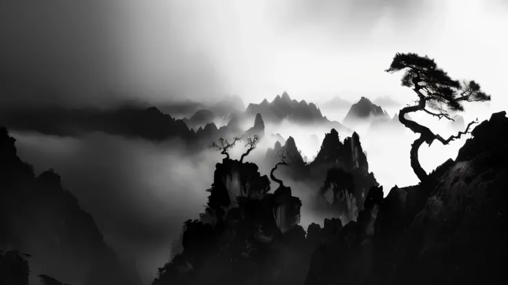 Photography，Black and white photo of a lone tree on a hill, Chinese scenery, by Shen Quan, author：Fan Qi, author：Shi Rui, by Wu Wei, by Zheng Xie, author：Cold plum, author：Pan Tianshou, by Ren Xiong, by Xia Yong, author：Yang Borun, author：Wang Fu, by Liang...