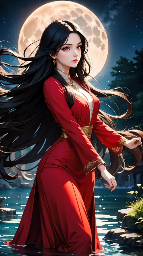 Beautiful black-haired girl with brown eyes and long hair in elegant red dress with water element light orb in a night forest under the light of the moon and stars