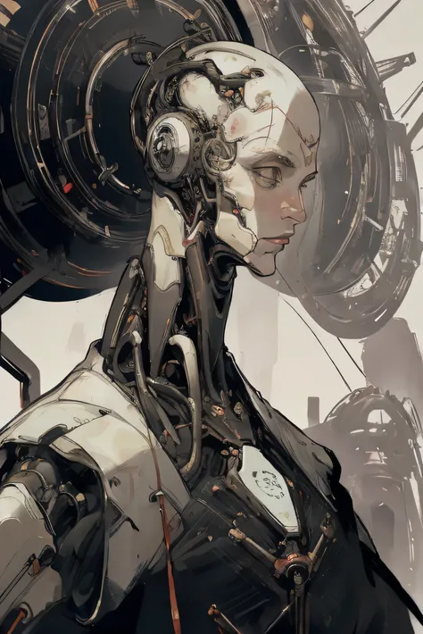 1 female mech, full robot,, pearl_color, (divine pose), floral background, vibrant background, bald, futuristic, detailed, (methurlant), unnerving, (masterpiece, best quality:1.3), divine shot, (distorted_face), no eyebrows, mechanical facial structure, 