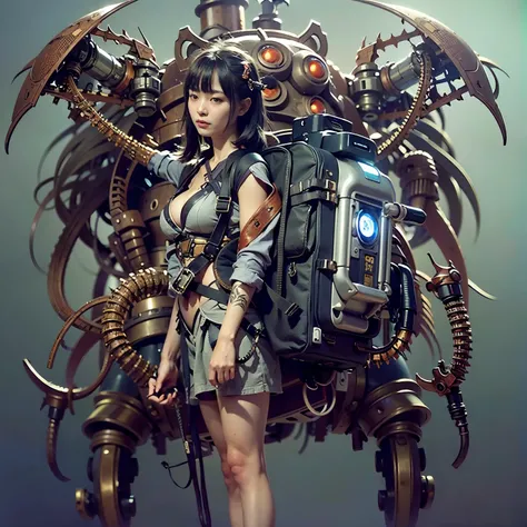 Mechanical Backpack, Demon,Heavily Equipped, Japanese Woman, (Insect Motif Mechanical Body), Very Beautiful, Embarrassed Face, Full Length Shot, Realistic, Photorealistic, Ultra Realistic, Ultra Fine Detail, Ultimately Intricate Detail, Lighting Highlights...