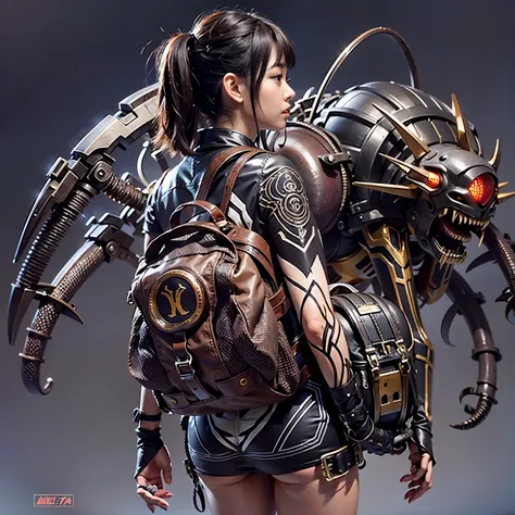 Mechanical Backpack, Demon,Heavily Equipped, Japanese Woman, (Insect Motif Mechanical Body), Very Beautiful, Embarrassed Face, Full Length Shot, Realistic, Photorealistic, Ultra Realistic, Ultra Fine Detail, Ultimately Intricate Detail, Lighting Highlights...