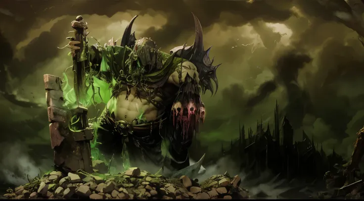 chilling portrayal of an Chaos Lord of Nurgle, god of death a decay, masterfully brought to life by the talented artist, Xanathars Visions. (Eldritch:1.2) presence emanating with psychic power and dark intellect, (tentacled:1.1) visage striking fear into t...