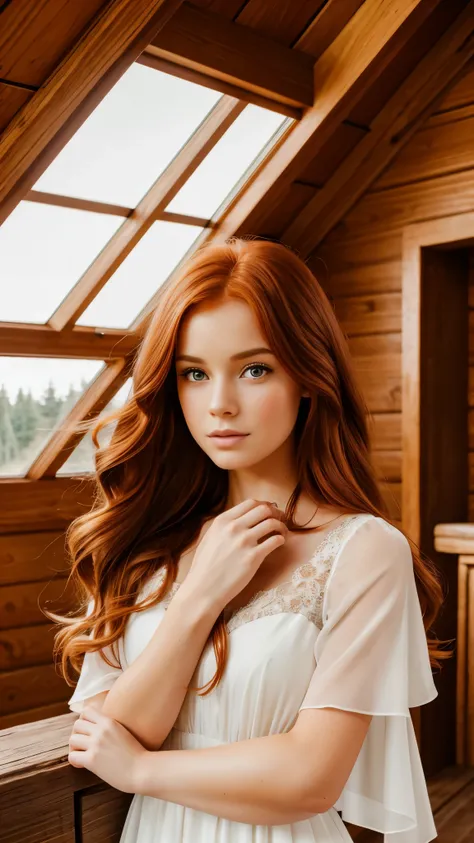 Beautiful redhead girl with brown eyes and long hair in elegant white dress in a cabin in the forest daring photo shoot super cute and detailed hands 