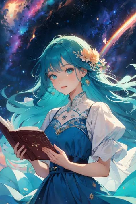 (highest quality, masterpiece), One girl, Reading a book, particle, Wind, flower, Upper Body, Simple Background, View your viewers, Rainbow Hair, Teal short floating dress, Cosmic, nebula, Milky Way