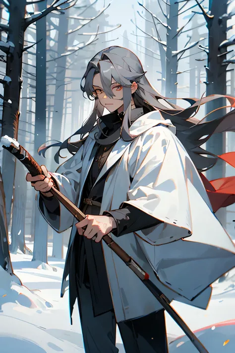 Male, Dark Gray hair, long hair, Gree eyes, Dark clothes, holding a longbow, Snowy Forest