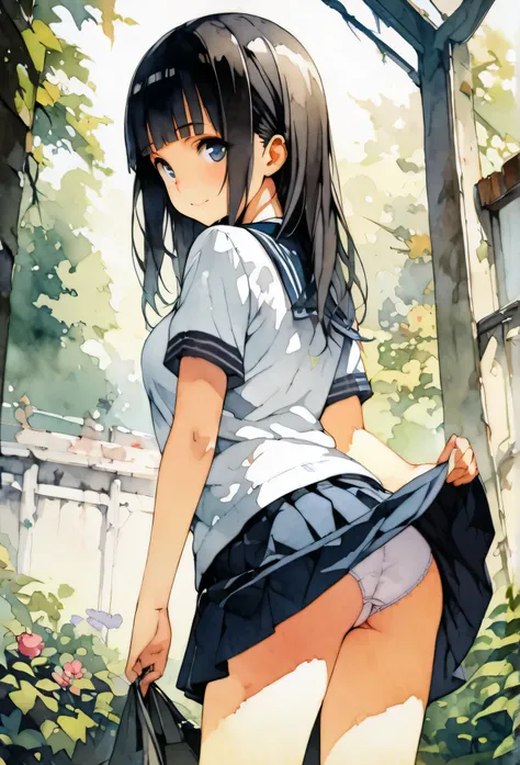 (masterpiece:1.3), (best quality:1.2), (illustration:1.2), (ultra detailed:1.2), (pixiv:1.4),
ultra high res, watercolor, a girl with brown long  and blunt bangs hair, garden,skirt lift,white panties,upper body,, incredibly absurdres, huge filesize, ultra-...