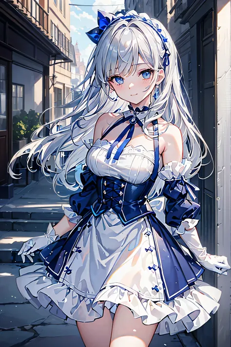 (8k, highest quality, masterpiece:1.2),(Blue colored eyes),((Garment Details)),High quality CG Unity 8k, concentrated, Realistic, Shadow, Soft lighting, Cowboy Shot, Gray Hair, Flutter Hair, nice, A gentle smile, village girl, High Waist Skirt, White Skirt...