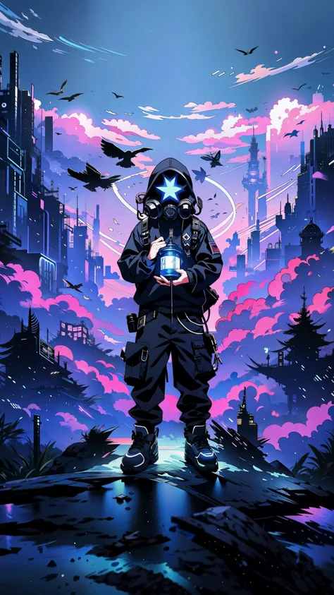 Amidst the futuristic backdrop of Cloud City, an adolescent figure dons a technological dust mask, juxtaposed against their cargo pants and black attire. Holding a magic lamp, they exude an air of mystery, while the surrounding magic smoke adds to the othe...