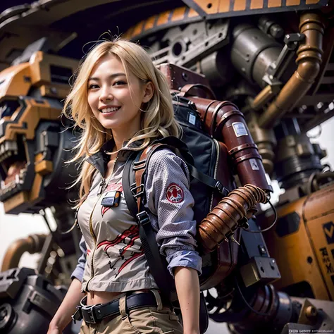 Japanese woman, heavy equipment, Mechanical backpack, very beautiful face, double teeth, fangs, reinforced exoskeleton with insect references, canine teeth, smiling face, blond hair, full body shot, photorealistic, realistic, ultra realistic, ultra detaile...