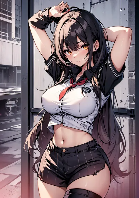 Masterpiece, high quality, ultra quality, best lighting, 1girl, long hair, black hair,, monochrome, ((right red eye:1, left yellow eye:1)), , ((mini school uniform)), ((mini pants)), ((big breast)), ((big thigh)), getting fucked from behind, doggy style po...