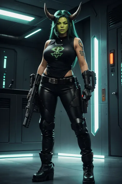 In the shadowrun universe, in a drone technologic laboratory. A large, powerful, burly female troll creature with full body green skin. She has two horns on her head and long tusks coming out of her mouth. She wears futuristic leather pants, steel boots, a...