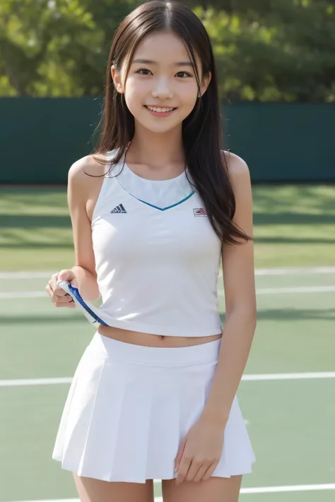 girl and girl, ((tennis wear)), light smile, outdoor, skirt fluttering in the wind