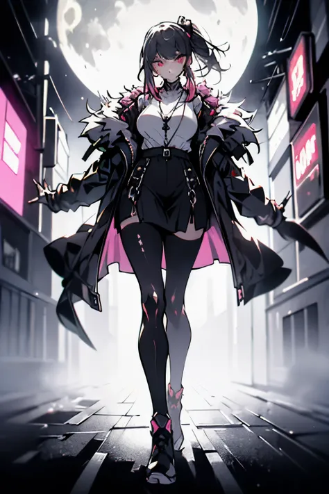 (art, best quality, ultra-detailed, high contrast), 1 woman (Alone, full body, plus size body, standing on the edge of the skyscraper, silver hair, LONG FLOWING HAIR in a ponytail, broken ruby red eyes, (leggings, pleated skirt, sports top, high ponytail, ...