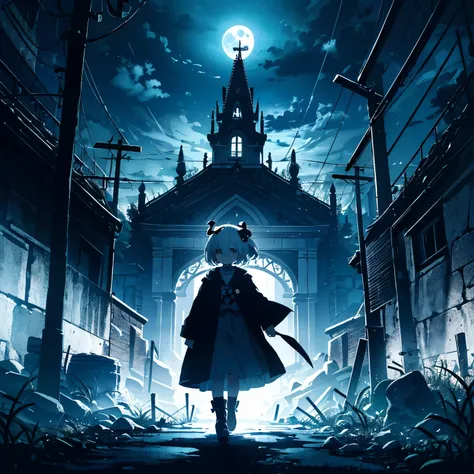 Fantastic atmosphere, many Gothic mansions standing, a creepy man with bandages all over his body acting as a guide standing at the entrance, an evil clown walking, dark landscapes, street lights, Outdoors, eerie moon in the sky, 3 girls (2 years old), exo...