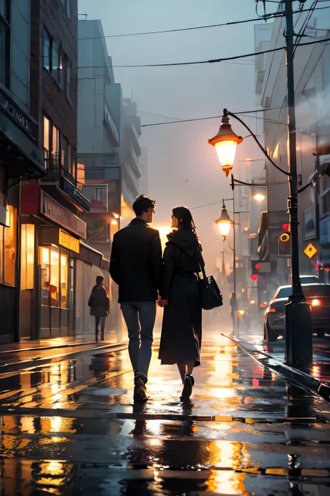 Streetlights shimmered through the mist, casting an ethereal glow on the wet pavement below, creating a romantic ambiance,surreal view of city