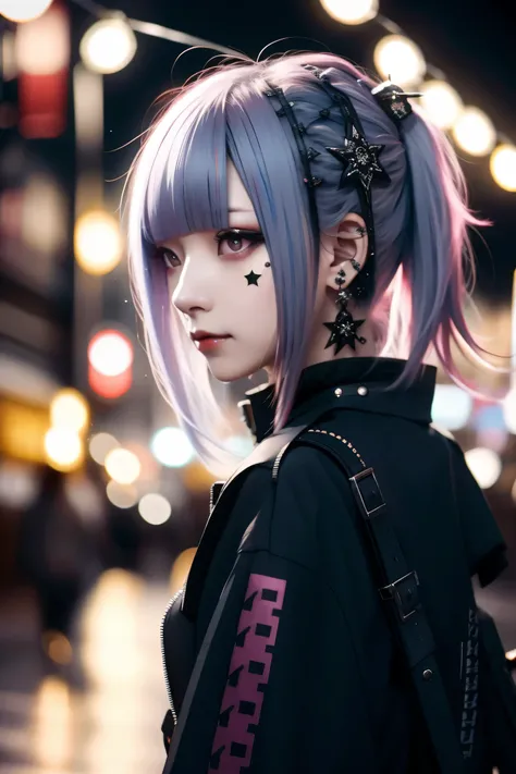 Redhead、Goth_punk, One Girl, alone, Medium Shot, Walking around Harajuku, ((at night)), Bokeh Depth of Field, Neon Light, Rainbow Eyes, Starry Sky, Red glowing hair, White eyebrows, Shiny Hair, (Iridescent white hair), Earrings, Bans, gem, mask, Blunt bang...