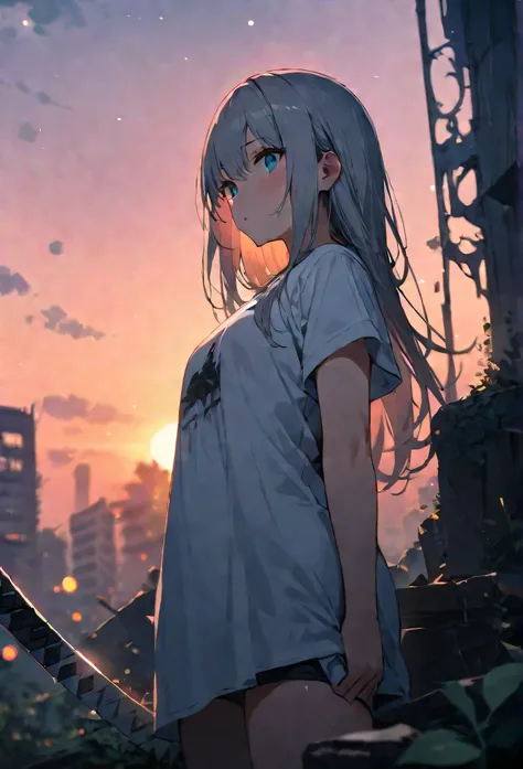 Resolution full, best quality, masterpiece, full HD, beautifull girl, foggy theme, super detailed, 1girl, cute girl, long hair, silver hair, detailed beautiful Aqua eyes, white T - shirt oversized, holding glowing katana. from below, in ruins, overgrown. D...