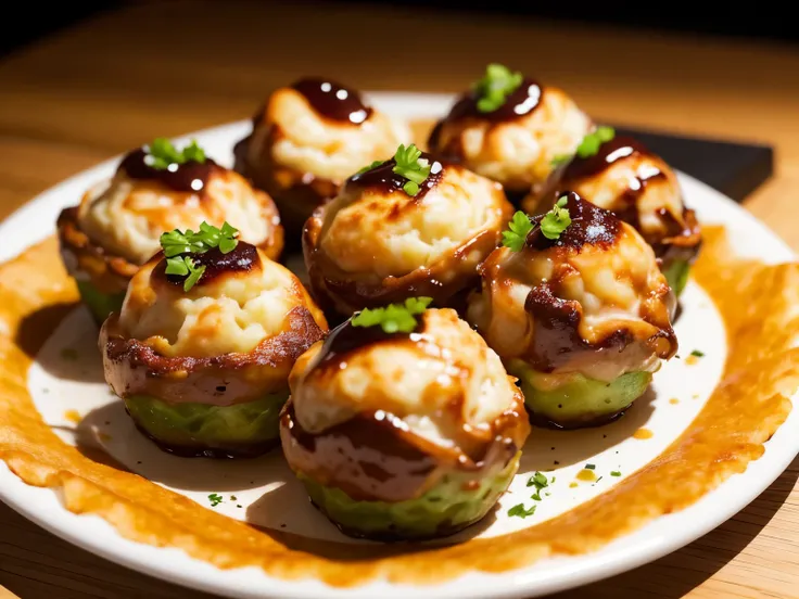 realistic, no_humans, food, food focus, close-up, takoyaki, on round tray, beautiful, perfect lighting, best quality